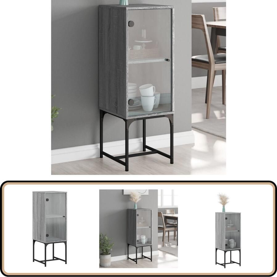 VidaXL Bijzetkast met glazen deur 100 cm grijs Dressoir Bijzettafel Houten Kast Vintage Kast Salontafel