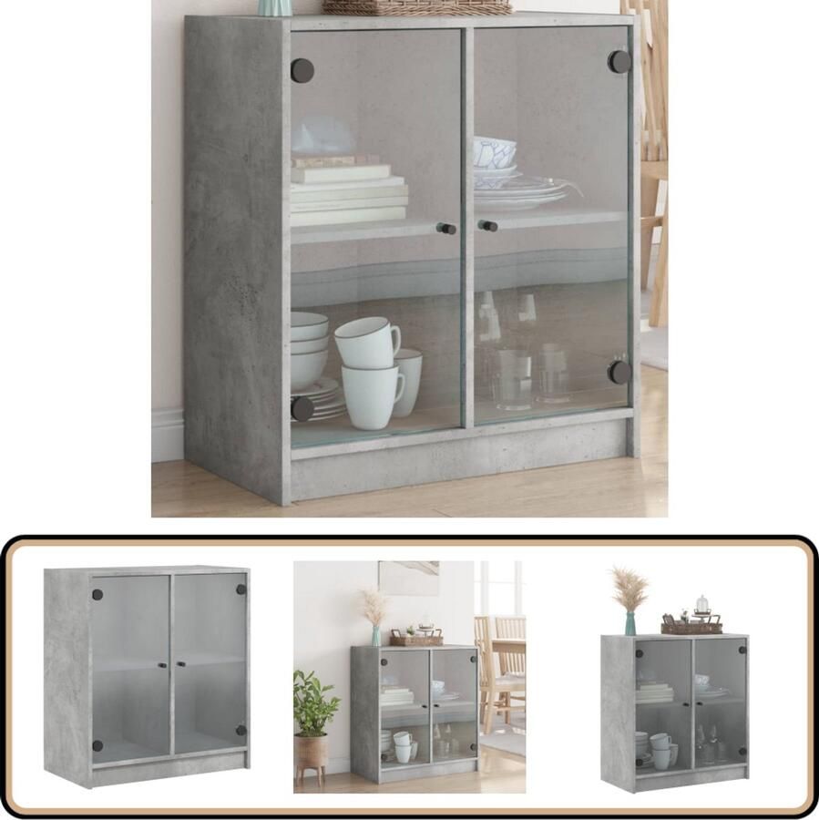 VidaXL Bijzetkast met glazen deuren betongrijs Dressoir Bijzettafel Houten Meubel Opbergmeubel Vintage Design