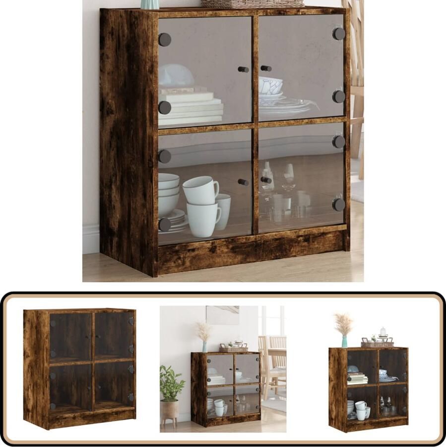 VidaXL Bijzetkast Glasdeuren Gerookt Eiken 68x37x75 5 cm Dressoir Bijzettafel Houten Kast Vintage Kast Bergruimte