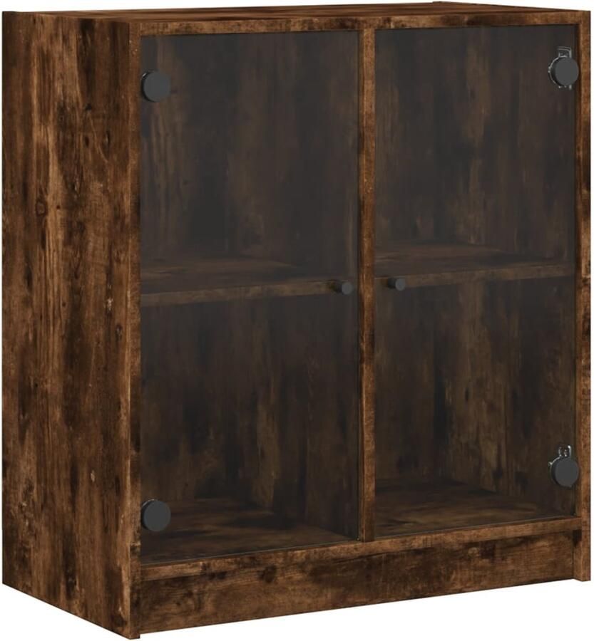VidaXL Bijzetkast Gerookt Eiken Glazen Deuren Dressoir Vintage Meubel Houten Kast Bergruimte Vitrinekast