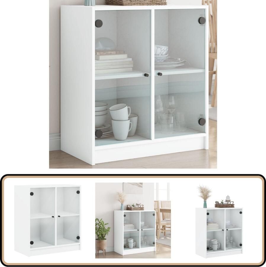 VidaXL Bijzetkast Glazen deuren Wit 68x37x75 5 cm Dressoir Bijzettafel Opslagkast Houten Kast Vitrinekast