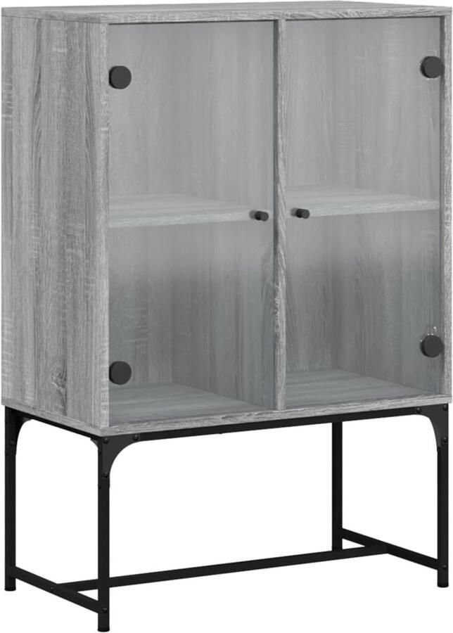 The Living Store Bijzetkast met glazen deuren 69x37x100 cm grijs sonoma eiken Dressoir Bijzetkast Salontafel Houten Kast Grijze Kast