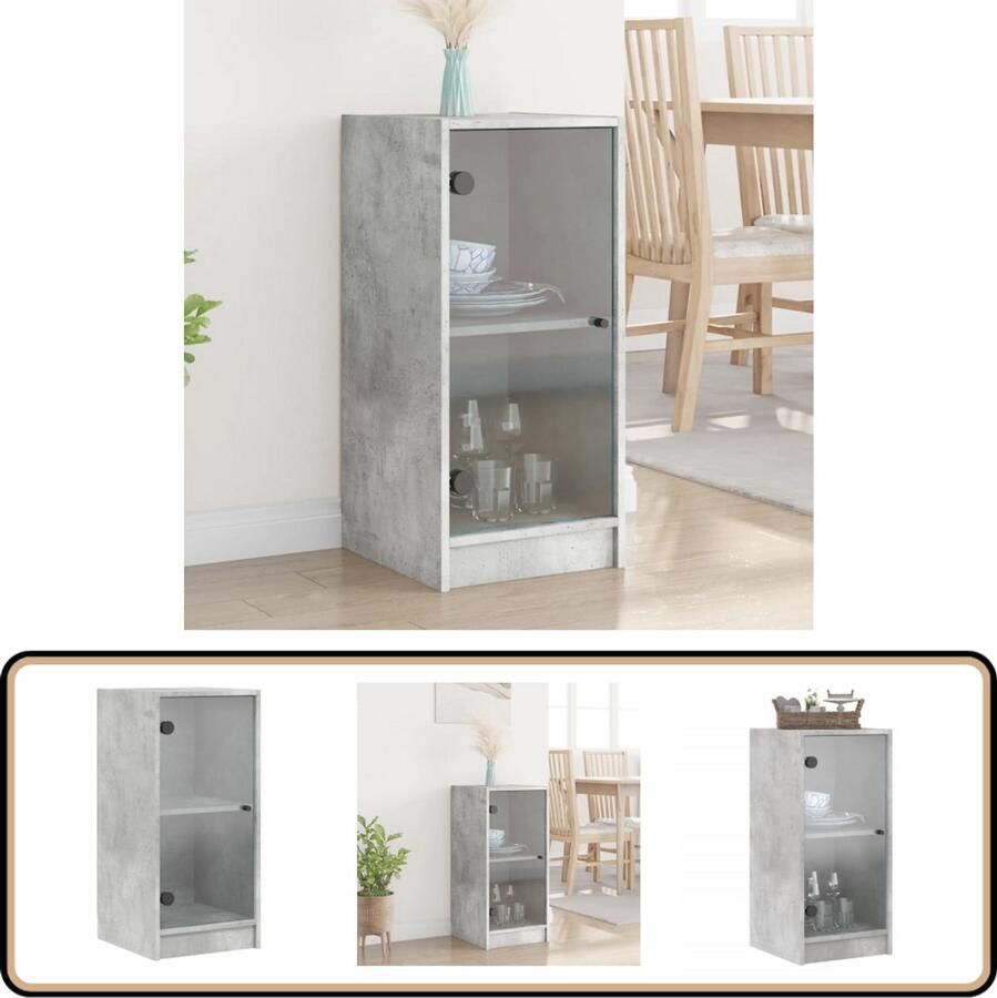 VidaXL Bijzetkast met glazen deuren Betongrijs Dressoir Bijzettafel Houten Kast Vintage Kast Opslagoplossing