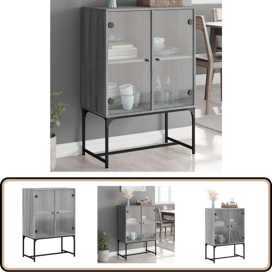 The Living Store Bijzetkast met glazen deuren 69x37x100 cm grijs sonoma eiken Dressoir Bijzetkast Salontafel Houten Kast Grijze Kast - Foto 2