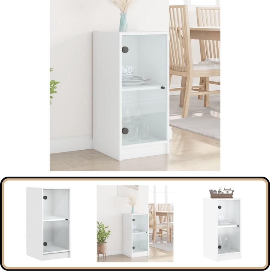 VidaXL Bijzetkast met glazen deuren Wit Klassieke Dressoir Houten Kast Vitrinekast Opbergkast Salontafel - Foto 2