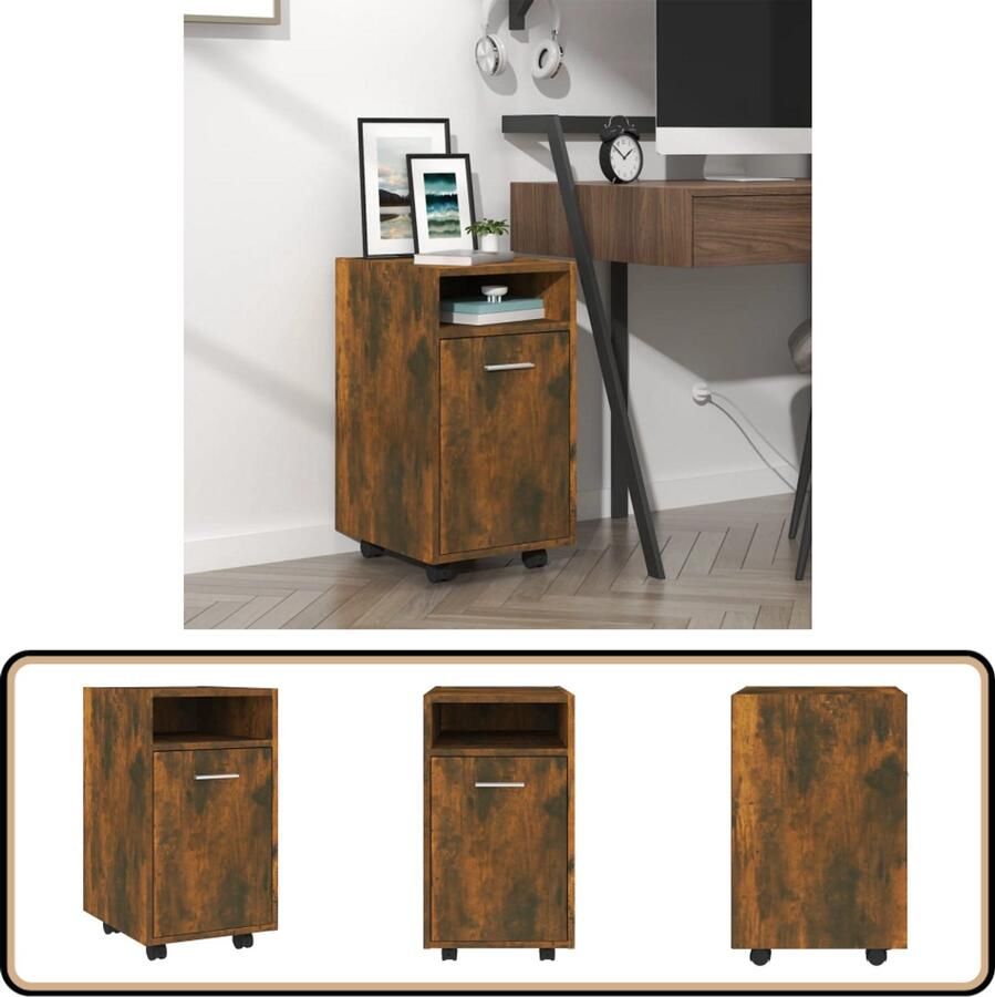 VidaXL Bijzetkast Met Wielen Gerookt Eiken Bijzettafel Dressoir Houten Kast Roestvrijstalen Kast Vintage Kast Salontafel Tv Tafel Bergruimte Opslag