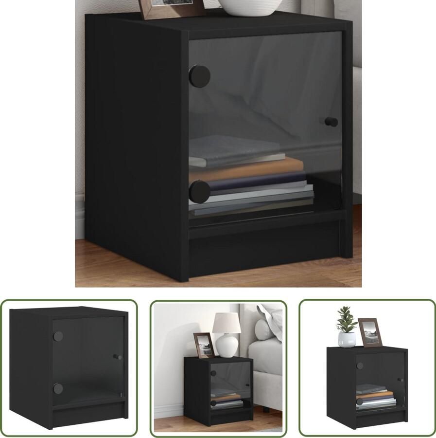 The Living Store Bijzetkast met glazen deuren 35x37x42 cm zwart Nachtkastje Bijzetkast Houten Kast Glazen Kast Zwarte Kast
