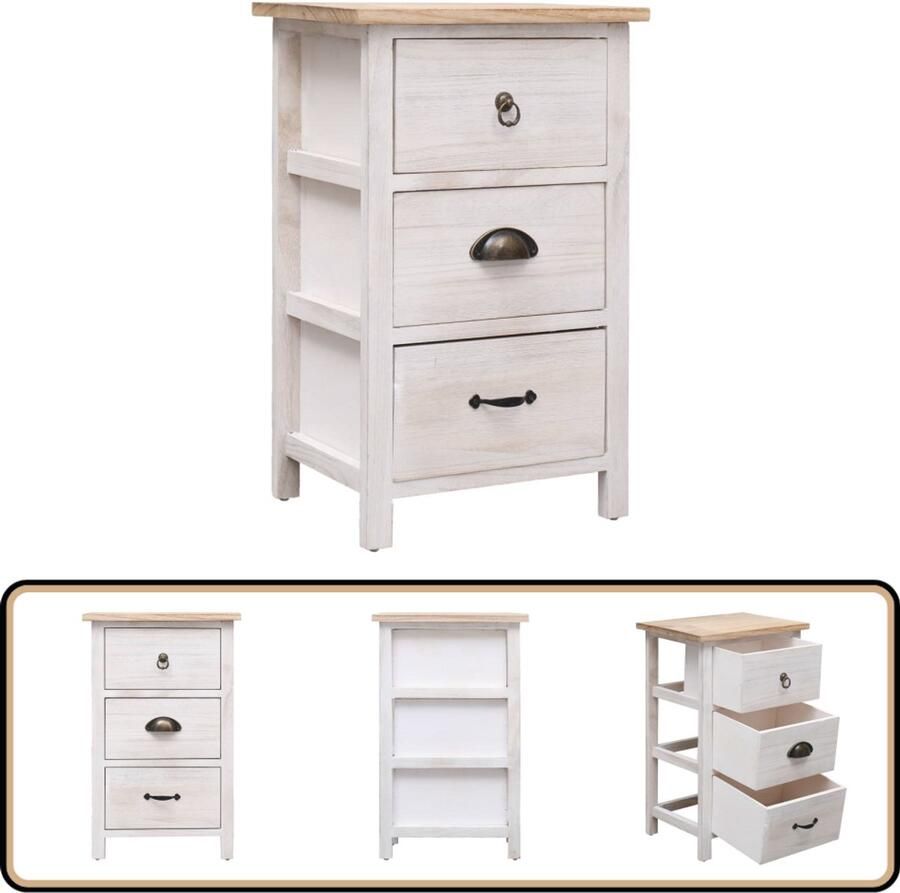 VidaXL Bijzetkast Wit Houtkleur 35x25x57 cm 3 Lades Ladekast Bijzetkast Paulowniahout Witte Kast Salontafel