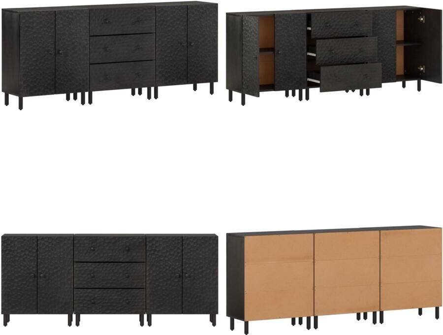 VidaXL Bijzetkasten 3 st 60x33x75 cm massief mangohout zwart Dressoir Dressoirs Opbergkast Wandkast