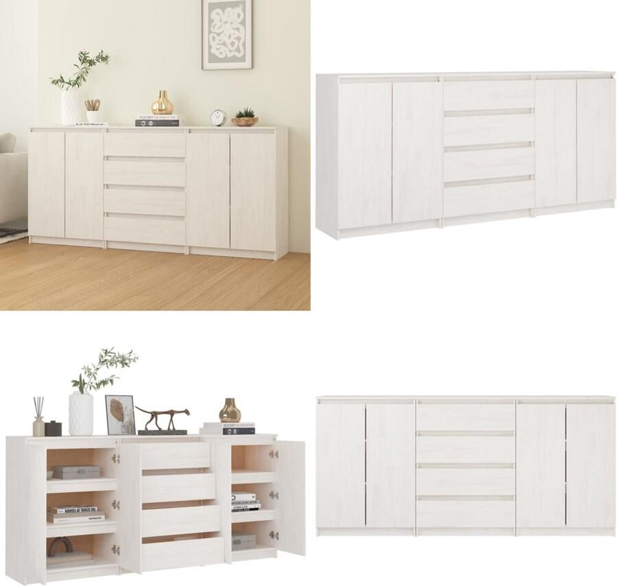 VidaXL Bijzetkasten 3 st massief grenenhout wit Bijzetkast Bijzetkasten Zijkast Opbergkast