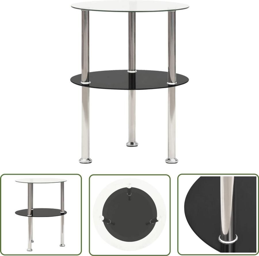 VidaXL Bijzettafel 2-laags 38 cm Gehard glas Bijzettafel Salontafel Sidetable Glas Tafel Zwarte Tafel Modern Design Kleine Tafel Twee Laag Roestvaststaal Decoratief Item Woonaccessoires