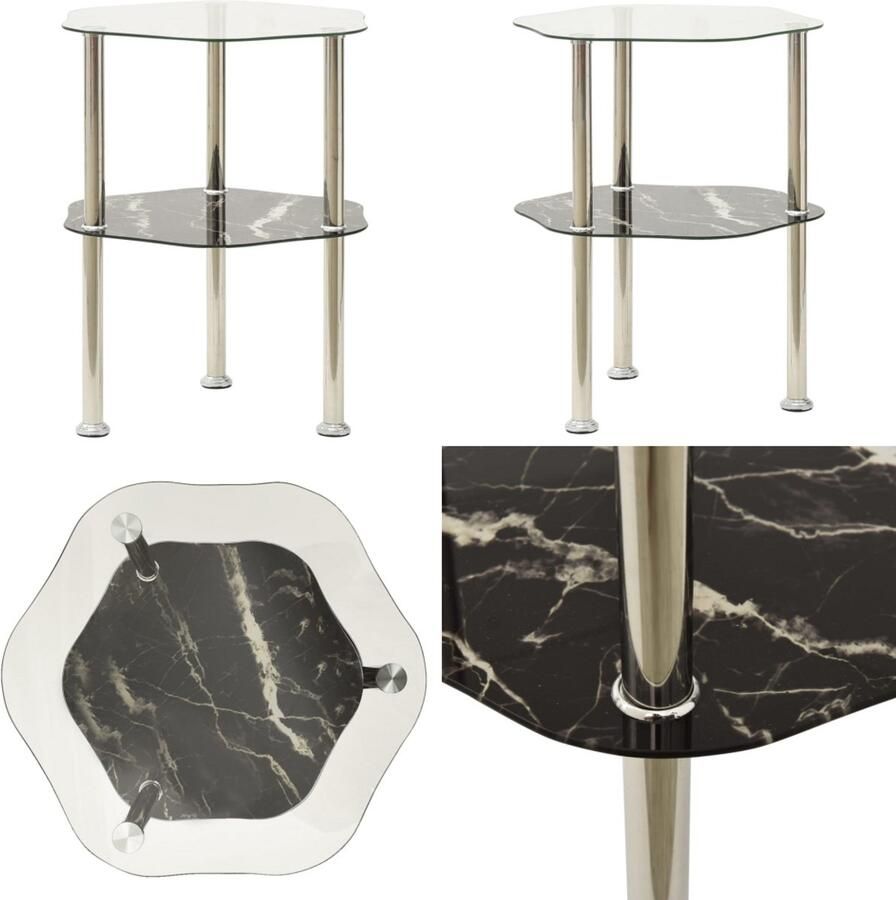 VidaXL Bijzettafel 2-laags 38x38x50 cm gehard glas transparant zwart Salontafel Salontafels Tafel Tafels
