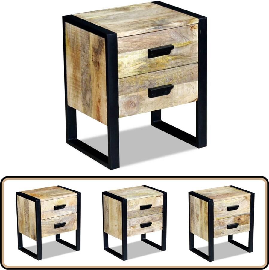 VidaXL Bijzettafel 2 lades 43x33x51 cm Mangohout Industriële Tafel Bijzettafel Mangohouten Tafel Vintage Tafel Scandinavische Tafel Woonaccessoires Meubilair