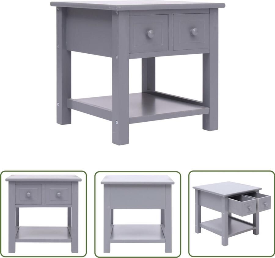 VidaXL Bijzettafel 40x40x40 cm Grijs 2 lades Bijzettafel Paulownia Hout Grijze Meubels Kleine Tafels Salontafels Kastje Opslagmogelijkheden Woonaccessoires Kamerdecoratie Landelijke Stijl