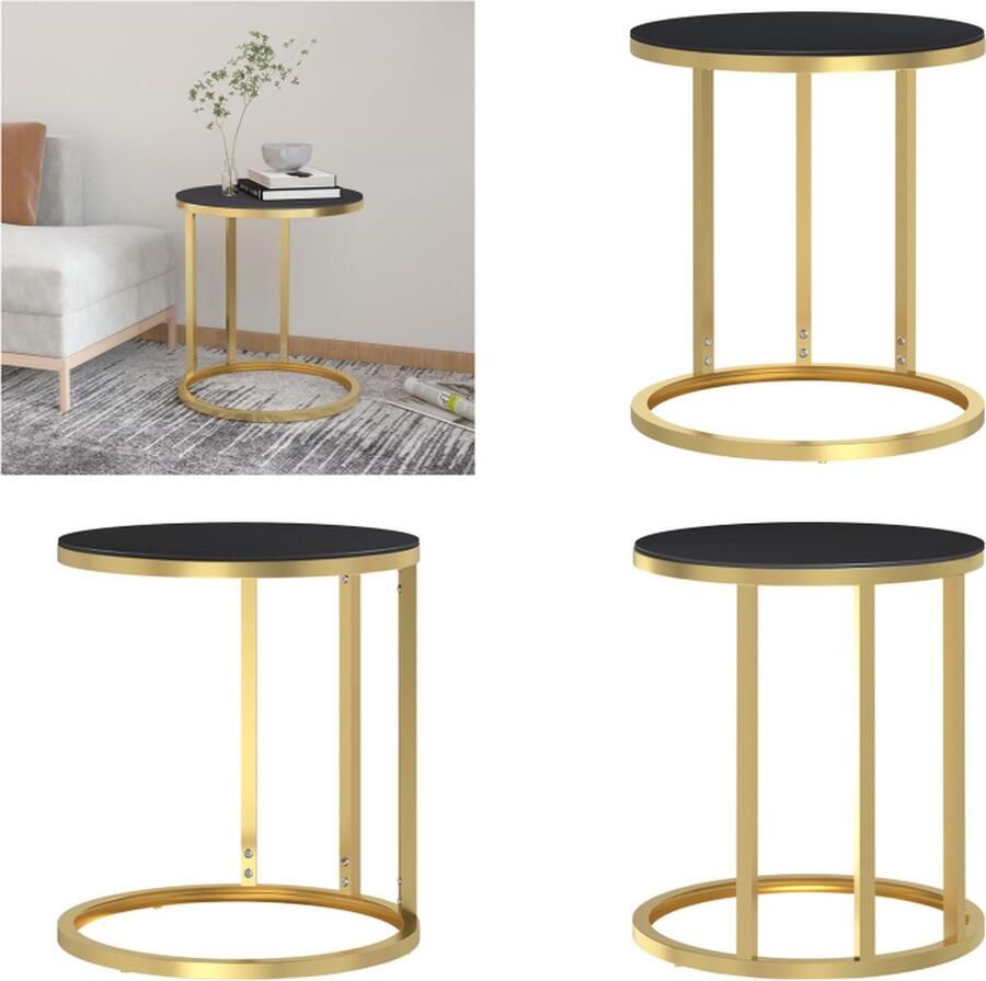 VidaXL Bijzettafel 45 cm gehard glas goudkleurig en zwart Bijzettafeltje Bijzettafeltjes Rond Tafeltje Salontafel
