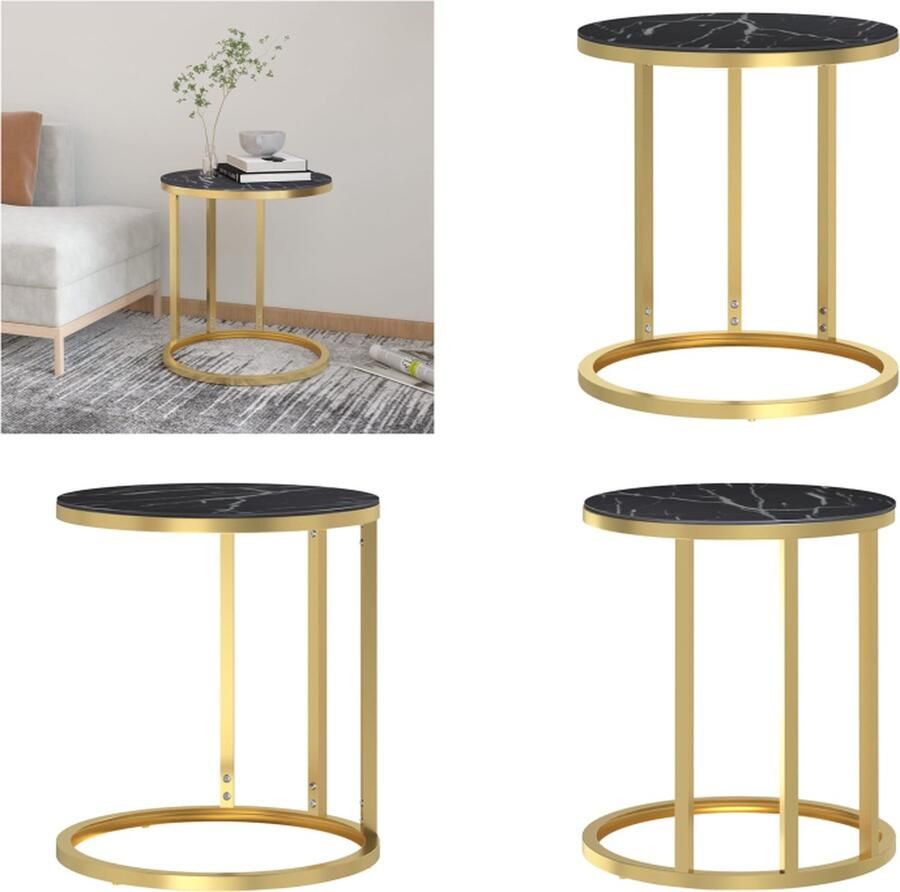 VidaXL Bijzettafel 45 cm gehard glas goudkleurig en zwartmarmer Bijzettafeltje Bijzettafeltjes Rond Tafeltje Salontafel