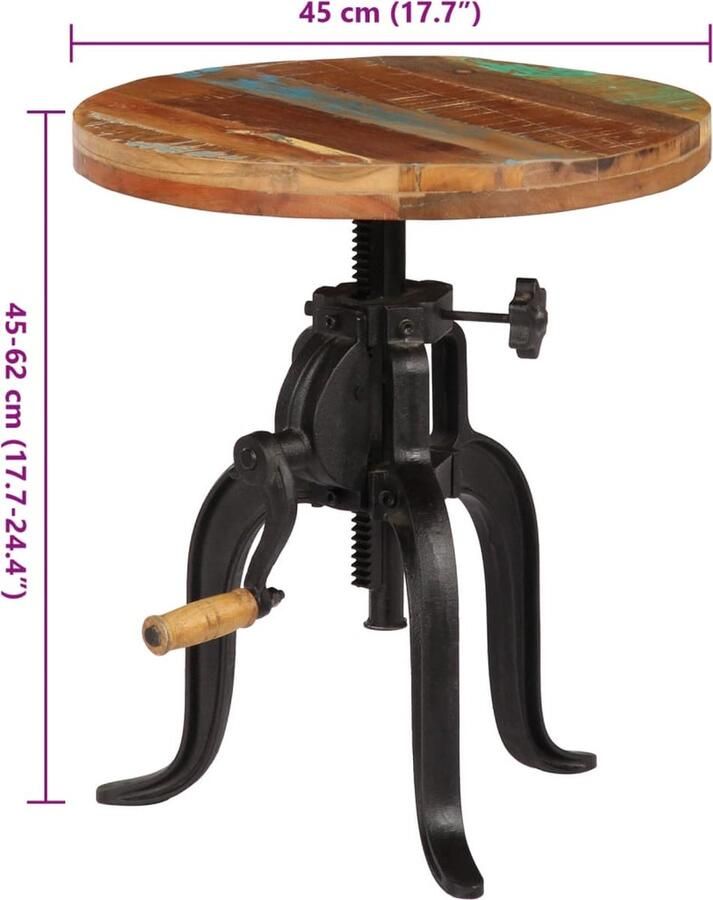 VidaXL -Bijzettafel-45x(45-62)-cm-massief-sloophout-en-gietijzer - Foto 3
