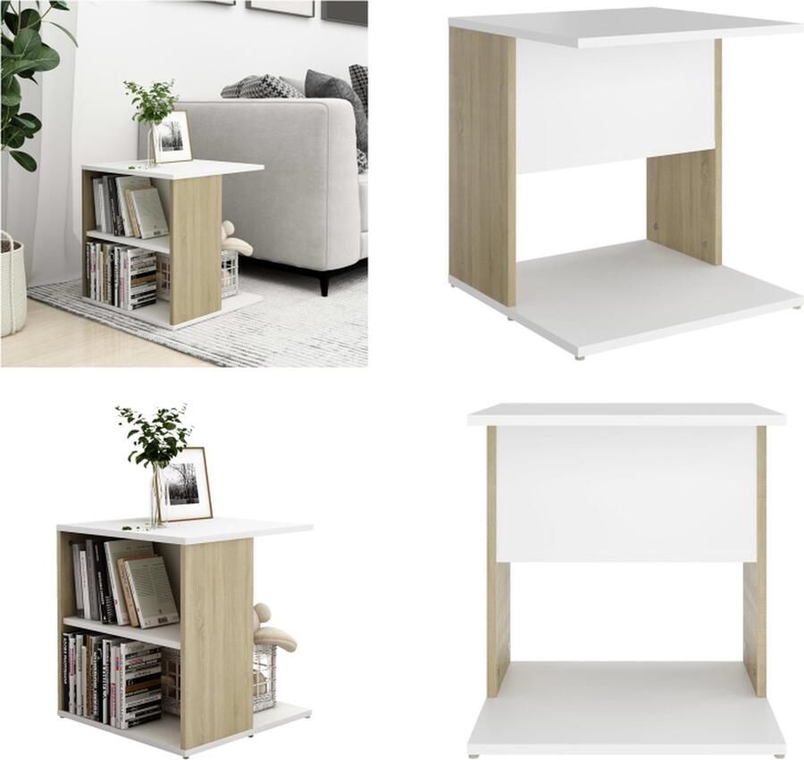 VidaXL Bijzettafel 45x45x48 cm spaanplaat wit en sonoma eikenkleurig Bijzettafel Bijzettafels Bijzettafeltje Bijzettafeltjes
