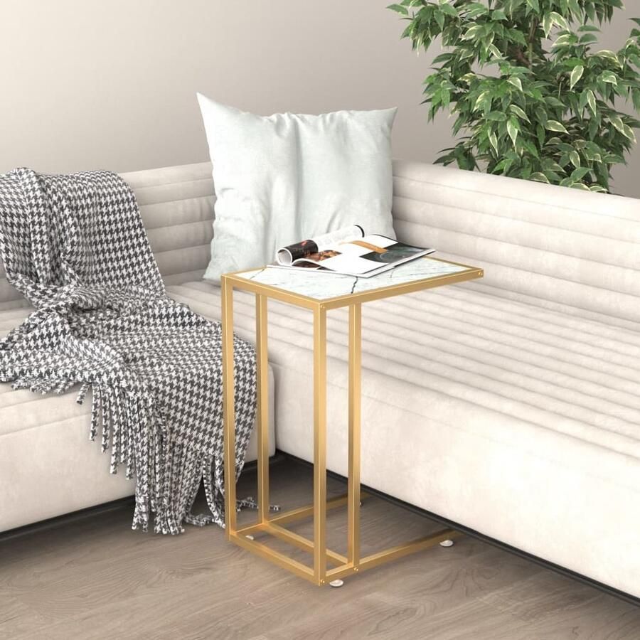 VidaXL Bijzettafel 50x35x65 cm Witmarmer & Goud Computer Bijzettafel Salontafel Glas Tafels Witte Meubelen Gouden Meubelen Industriële Stijl Kleine Tafel Laptop Tafel - Foto 2