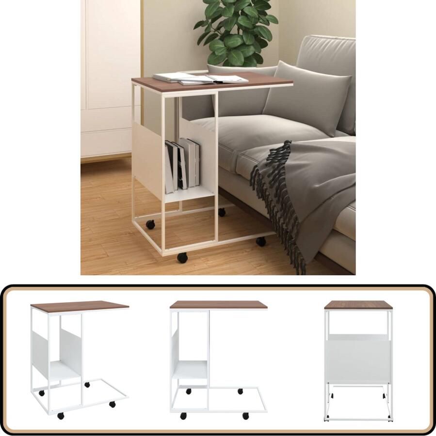 VidaXL Bijzettafel 55x36x63 5 cm Wit en Bruin Bijzettafel C-vormige Tafel Salontafel Houten Bijzetkast Kleine Tafel