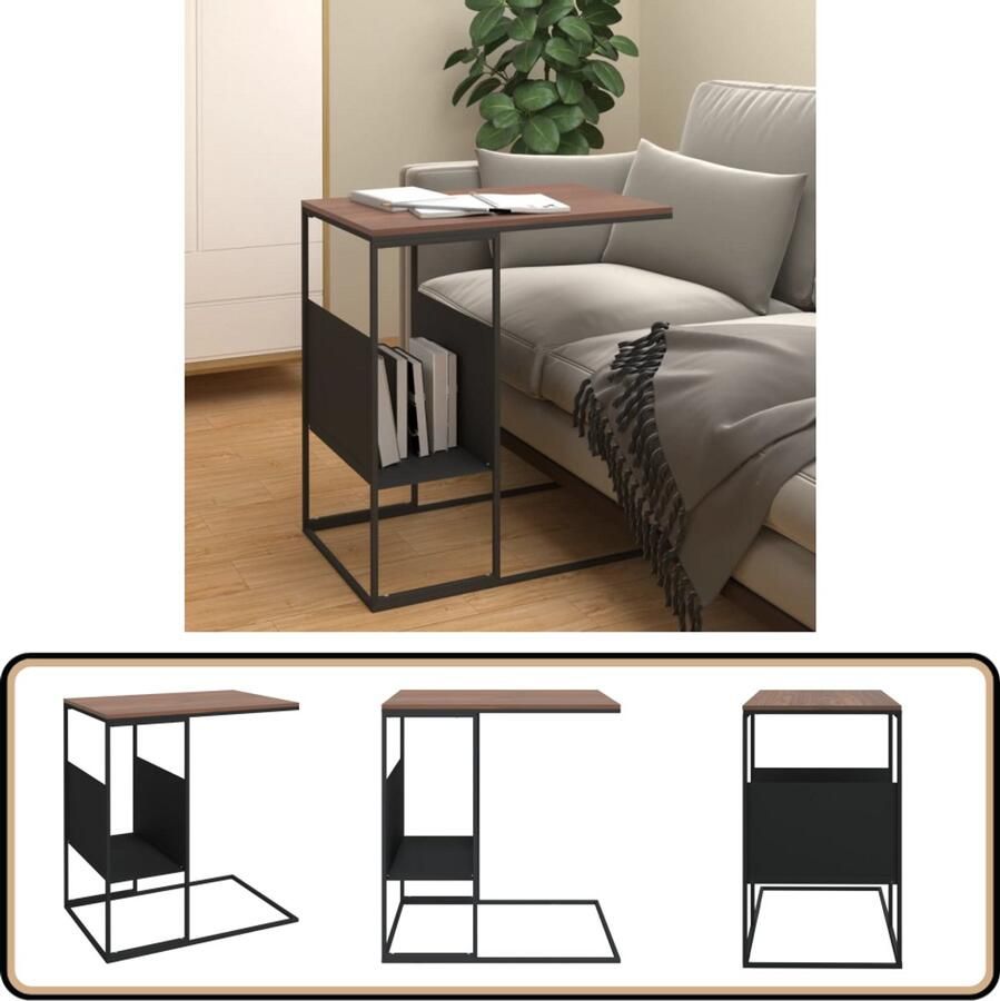 VidaXL Bijzettafel Bewerkte hout Zwart Bruin Bijzettafel C Vormige Tafel Salontafel Houten Tafel Zwarte Tafel Bruine Tafel Bewerkt Hout Ijzeren Onderstel Industriële Stijl