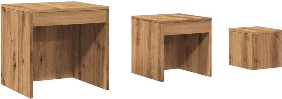 The Living Store 3-delige Tafeltjesset bewerkt hout artisanaal eikenkleur Tafels Gigognes Houten Tafels Nestkasten Salontafel Bijzettafel