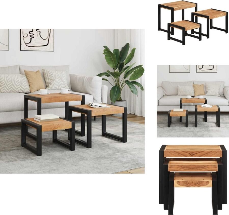 VidaXL Bijzettafel Bijzettafels Bijzettafeltje Bijzettafeltjes 3-delige Tafeltjesset massief hout met sheesham afwerking - Foto 2