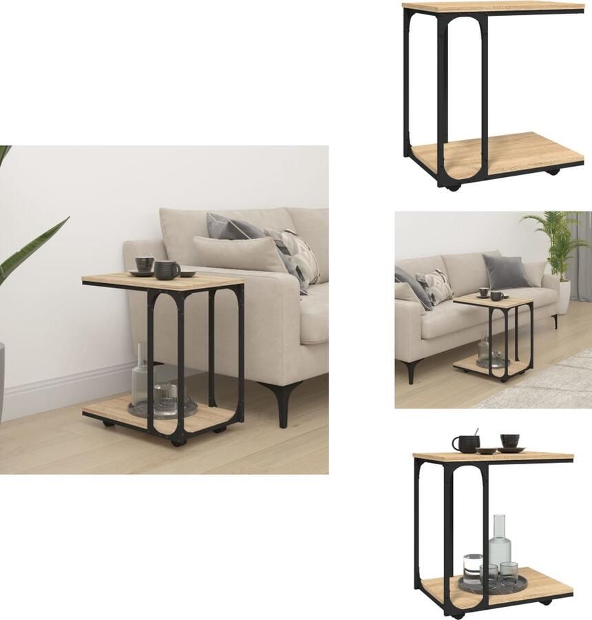 VidaXL Bijzettafel Industrieel 50 x 35 x 55.5 cm Hoge kwaliteit Opbergfunctie C-vormig ontwerp Draaibare wielen Sonoma eiken Tafel