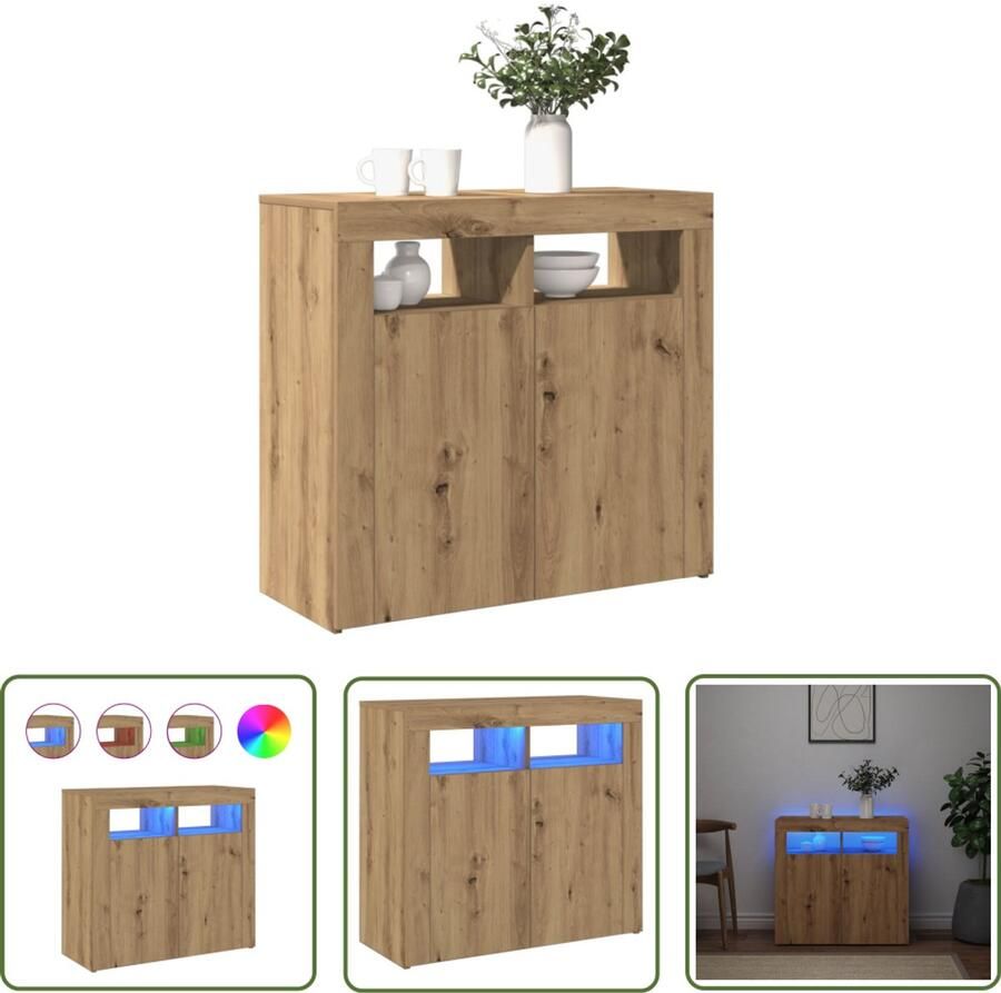 The Living Store Dressoir met LED 80x35x75 cm bewerkt hout artisanaal eiken Bijzetkast Dressoir Led Verlichting Houten Kast Opbergkast
