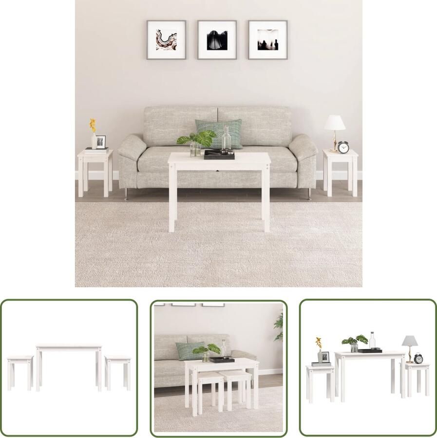 The Living Store Houten Tafeltjes Set van 3 Wit Massief grenenhout Groot- 80x40x55 cm Klein- 30x30x40 cm Houten Tafeltjes Bijzettafel Salontafel Compact Meubilair Stapelbare Tafeltjes - Foto 2