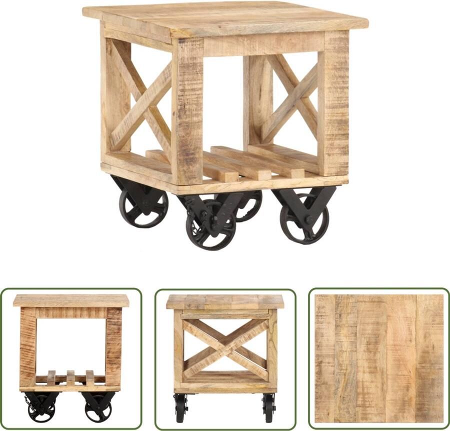 VidaXL Bijzettafel Mangohout 40x40x42 cm Op Wieltjes Bijzettafel Vintage Meubilair Mango Houten Meubels Industriële Decoratie Woonaccessoires Salontafel Kastje
