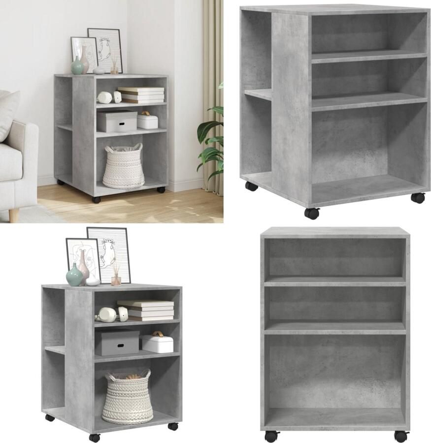 VidaXL Bijzettafel met wieltjes 55x60x78 cm bewerkt hout betongrijs Bijzettafel Bijzettafels Salontafel Tafel