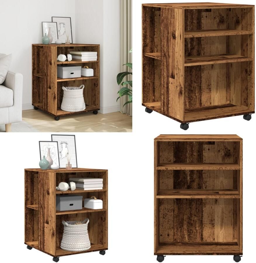 VidaXL Bijzettafel met wieltjes 55x60x78 cm bewerkt hout oud houtkleur Bijzettafel Bijzettafels Salontafel Tafel