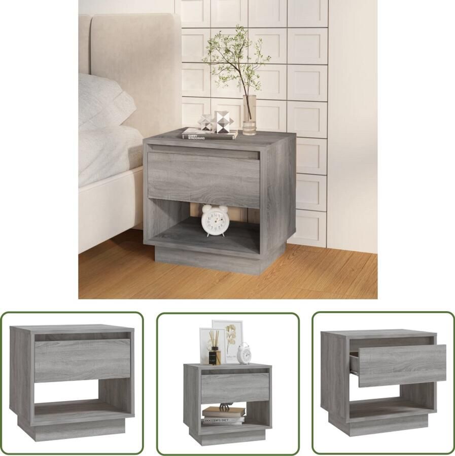 The Living Store Nachtkastje 45x34x44 cm bewerkt hout grijs sonoma eikenkleurig Nachtaand Bijzettafel Meubilair Slaapkamers Dressoir