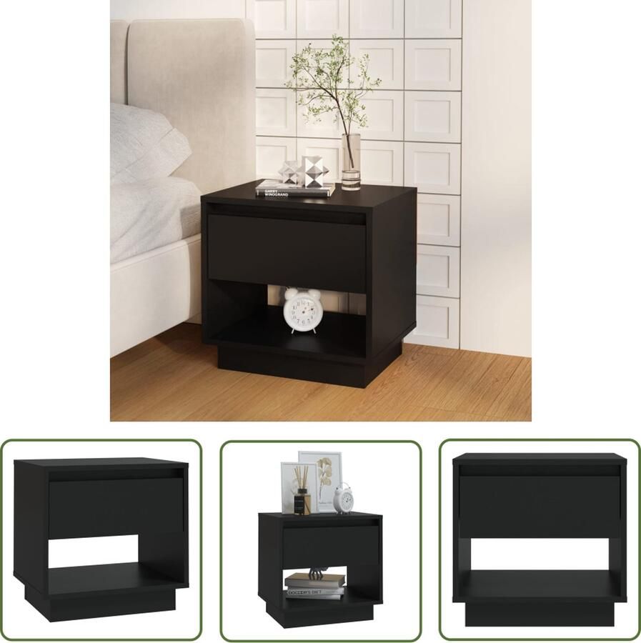 The Living Store Nachtkastje Zwart 45 x 34 x 44 cm Met lade en open vak Stevige constructie Nachtkastje Bijzettafel Slaapkamervloerisdecoratie Houten Meubilair Designmeubel