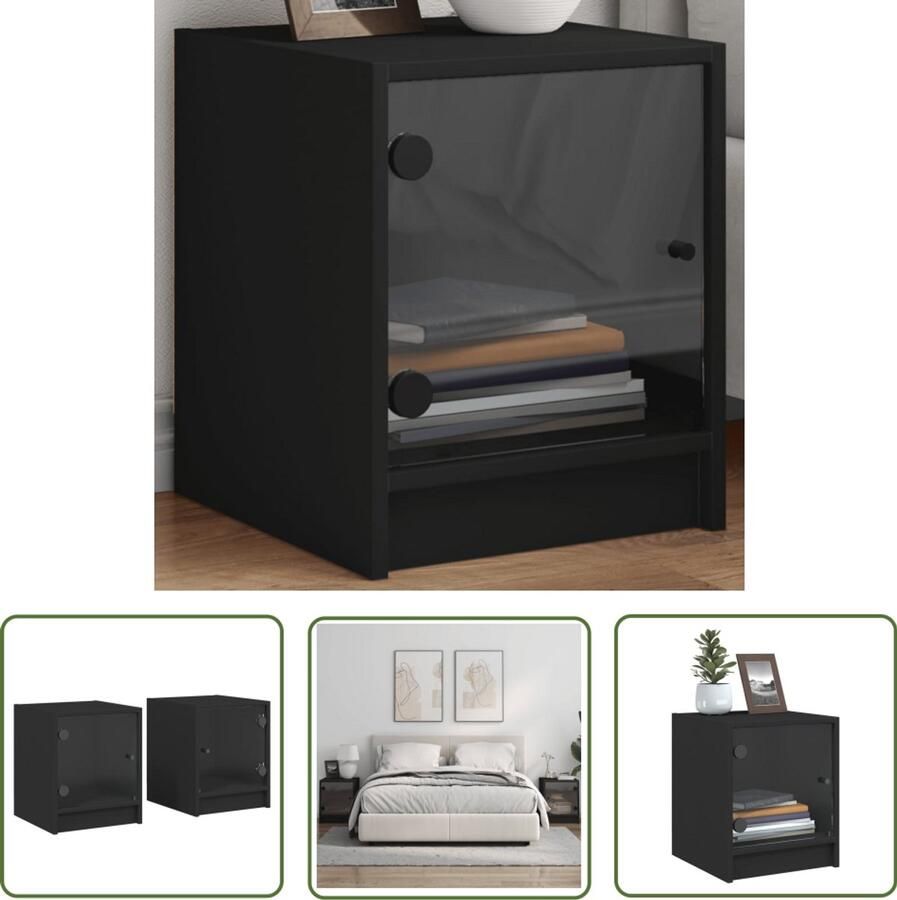 The Living Store Nachtkastjes met glazen deuren 2 st 35x37x42 cm zwart Nachtkastjes Bijzettafel Slaapkamerdecoratie Zwarte Meubelstukken Bewerkt Hout