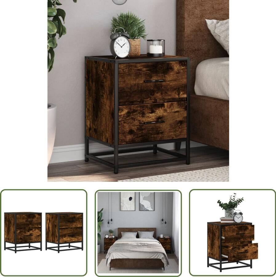 The Living Store Nachtkastjes 2 st 40x31x50 cm bewerkt hout gerookt eikenkleurig Nachtkasts Bijzettafel Houten Meubel Vintage Design Industrieel Design