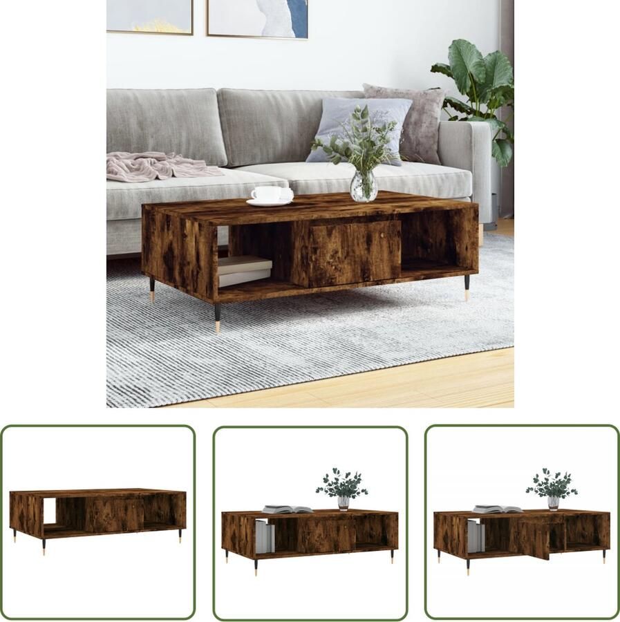 The Living Store Salontafel Gerookt Eiken Bijzettafel met 3 vakken Stabiel tafelblad IJzeren poten 104x60x35cm Montage vereist Salontafel Bijzettafel Houten Salontafel Bruine Salontafel Gerookte Eiken Salontafel