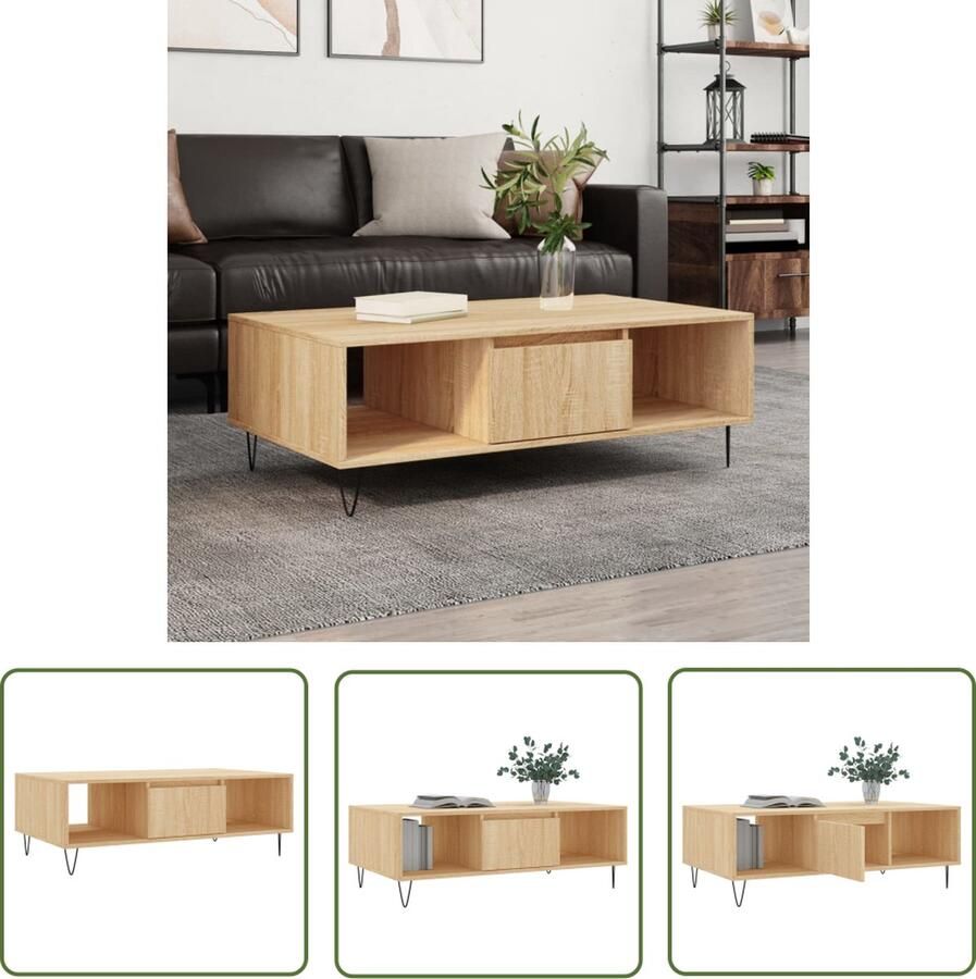 The Living Store Salontafel Sonoma Eiken Hout en IJzer 104 x 60 x 35 cm Met opbergruimte Salontafel Bijzettafel Houten Salontafel Met Opbergvakken Sonoma Eiken Meubilair