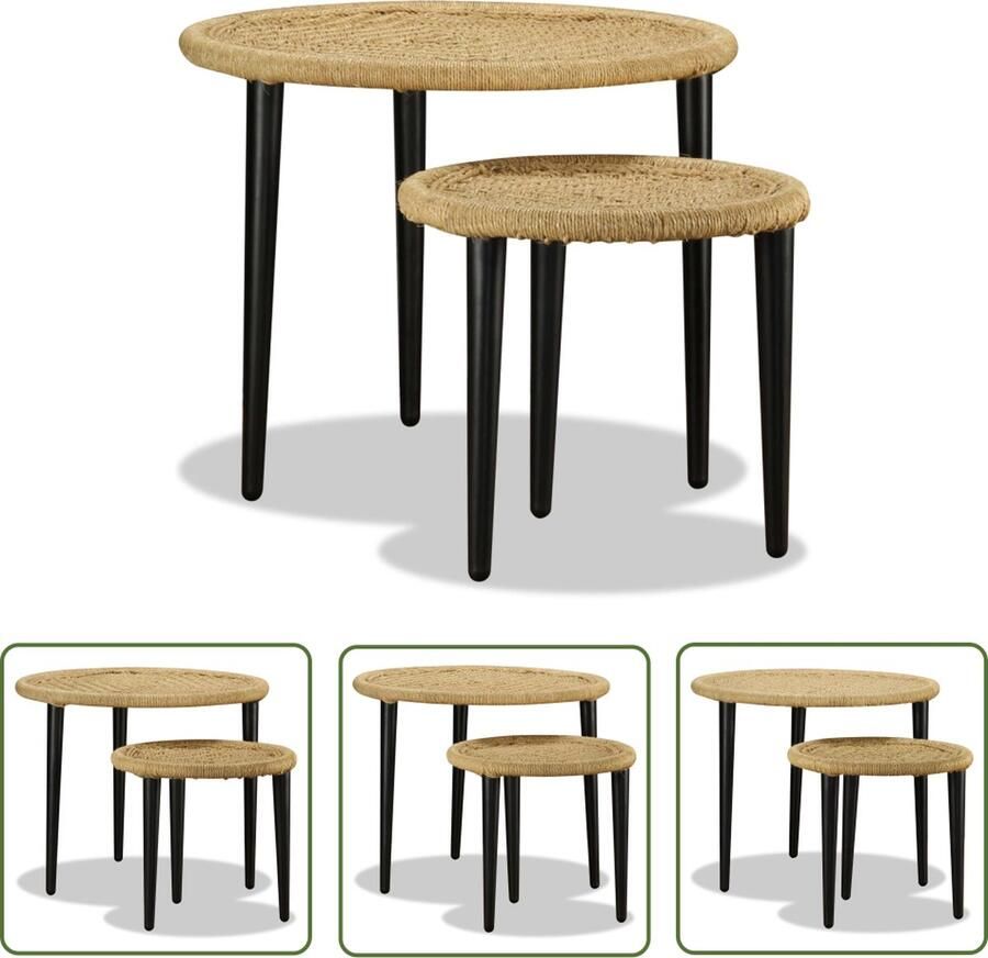 The Living Store Salontafelset Bijzettafeltje plantenstandaard á 59x47 á 40x39 Stalen frame jute blad Beige Salontafel Bijzettafel Koffietafel Houten Tafel Jute Tafel - Foto 2