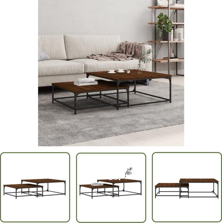 The Living Store Salontafelset Bruineiken 80 x 80 x 35 cm (groot) 70 x 70 x 25 cm (klein) Hout en ijzer Salontafel Bijzettafel Houten Salontafel Bruine Eik Nestkastjes