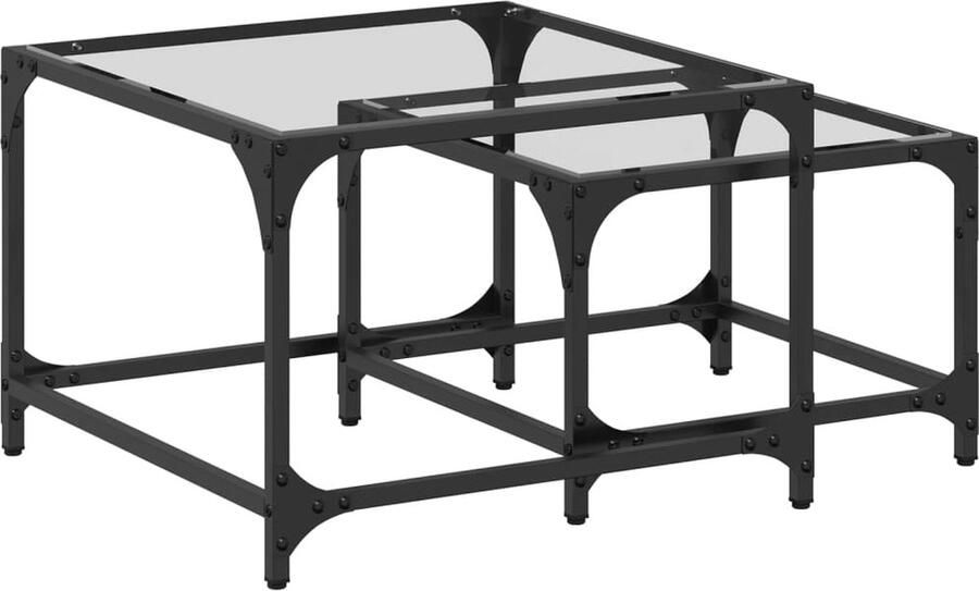 The Living Store 2-delige Tafeltjesset met transparant glazen blad staal Salontafel Glas Tafel Houten Tafel Koffietafel Tv Tafel