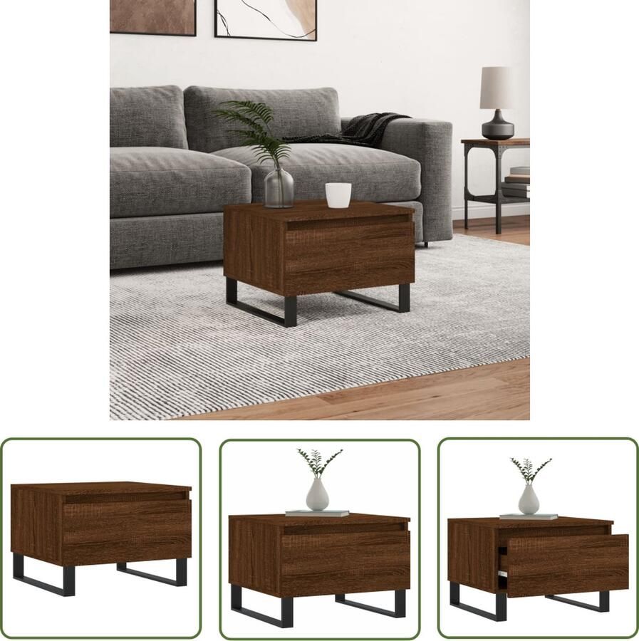The Living Store Salontafel Bewerkt Hout Met Lade Stevig Tafelblad Metalen Poten Trendy Design Salontafel Bijzettafel Houten Tafel Bruine Eiken Kleur Bewerkt Hout