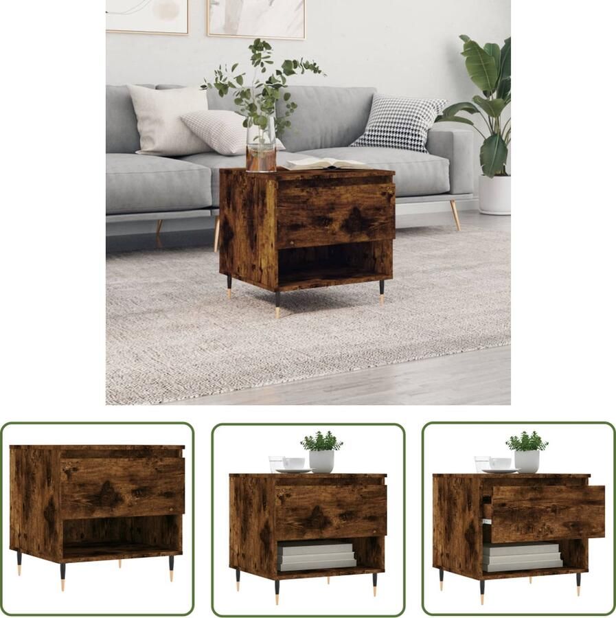 The Living Store Salontafel Gerookt eiken 50 x 46 x 50 cm Bewerkt hout en metaal Salontafel Bijzettafel Houten Salontafel Met Lade Bruine Salontafel