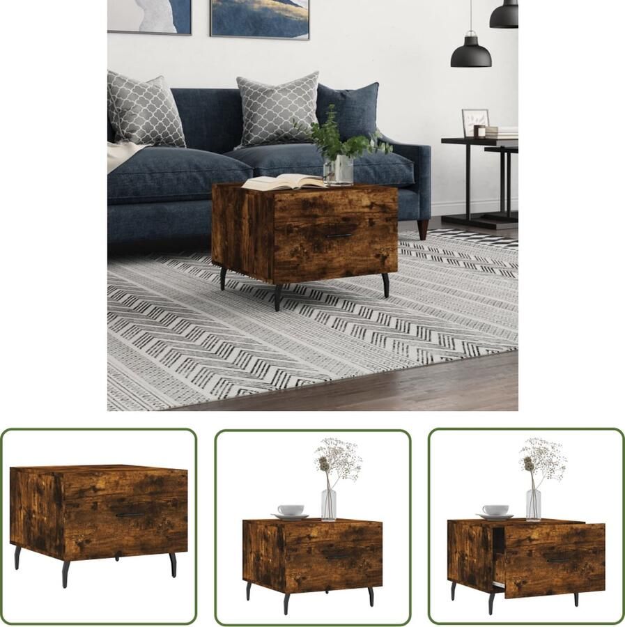 The Living Store Salontafel Gerookt Eiken Bijzettafel met lade 50x50x40 cm Stevig tafelblad IJzeren poten Salontafel Bijzettafel Houten Salontafel Bruine Salontafel Gerookte Eiken Salontafel