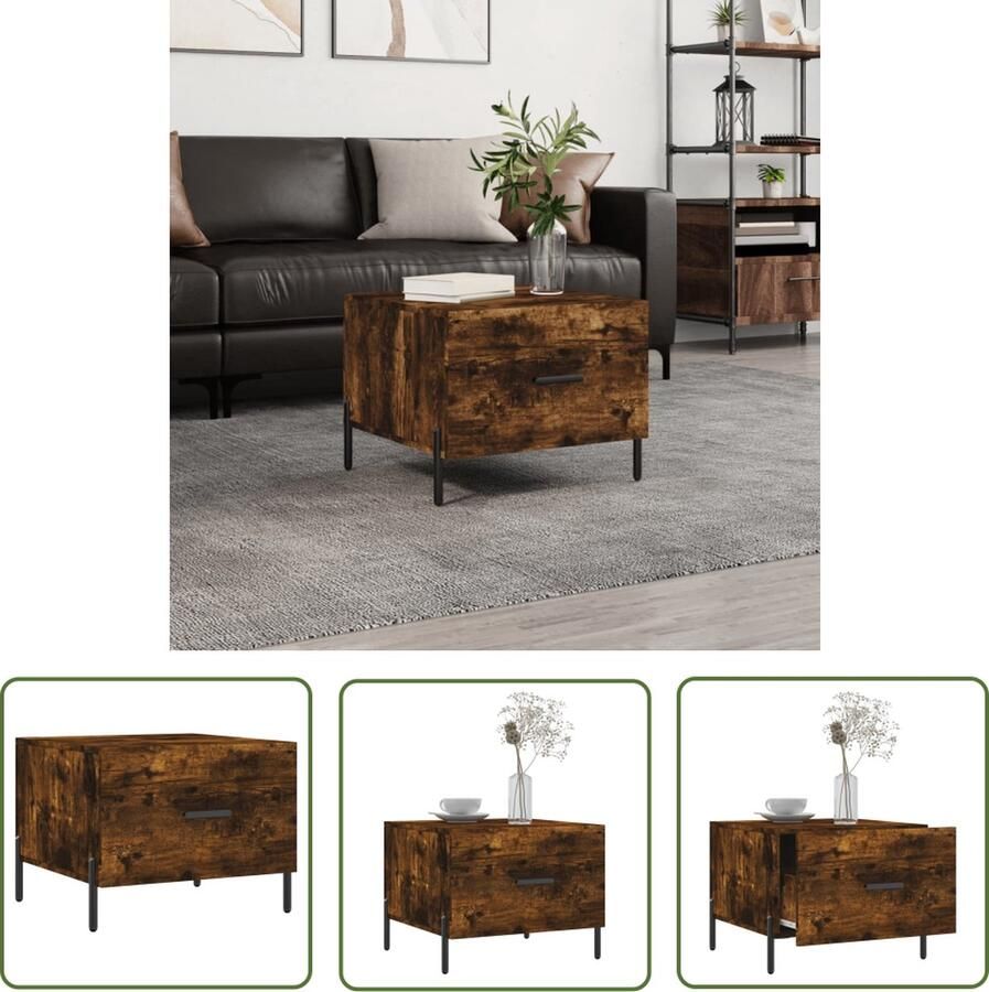 The Living Store Salontafel Trendy Bijzettafel met lade Stevig tafelblad IJzeren poten Gerookt eiken 50 x 50 x 40 cm Montage vereist Salontafel Bijzettafel Houten Salontafel Gerookte Eiken Meubilair Salontafel Met Lade