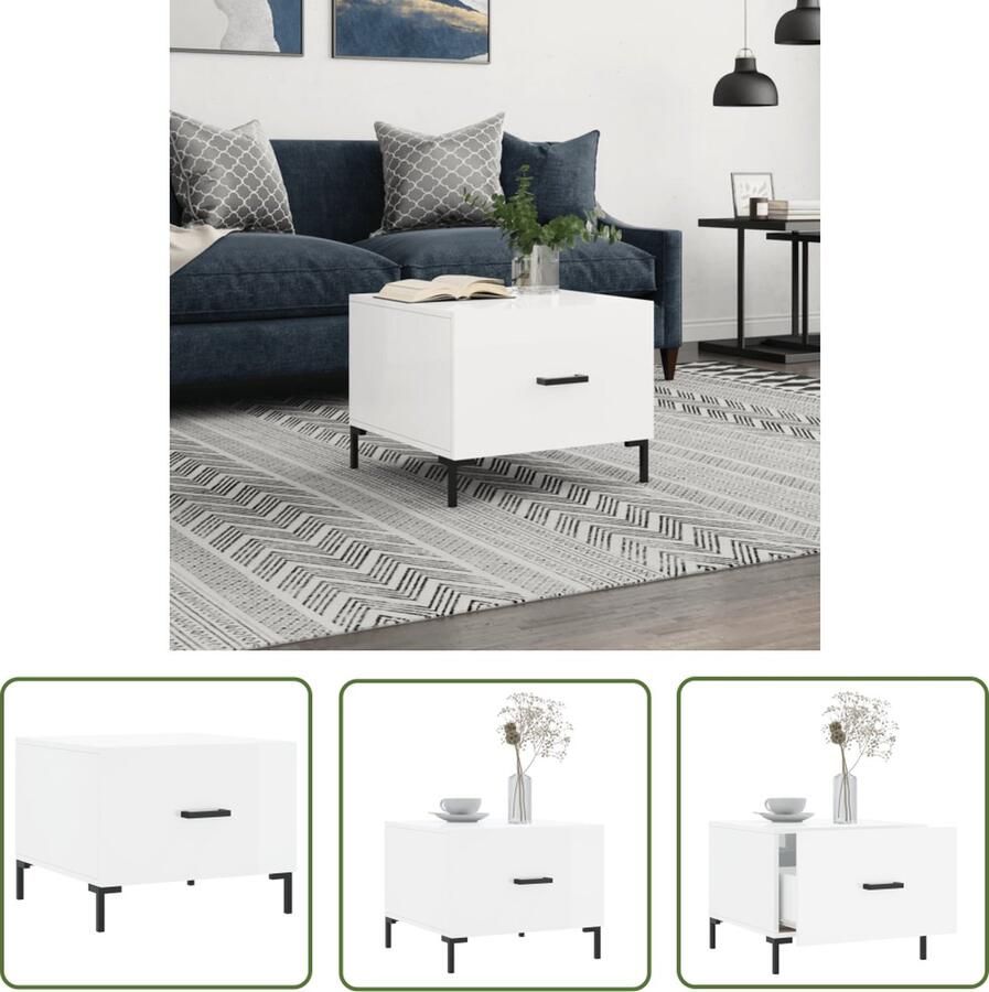 The Living Store Salontafel Trendy Hoogglans Wit 50 x 50 x 40 cm Bewerkt Hout en IJzer Salontafel Bijzettafel Houten Salontafel Hoogglans Wit Modern Design