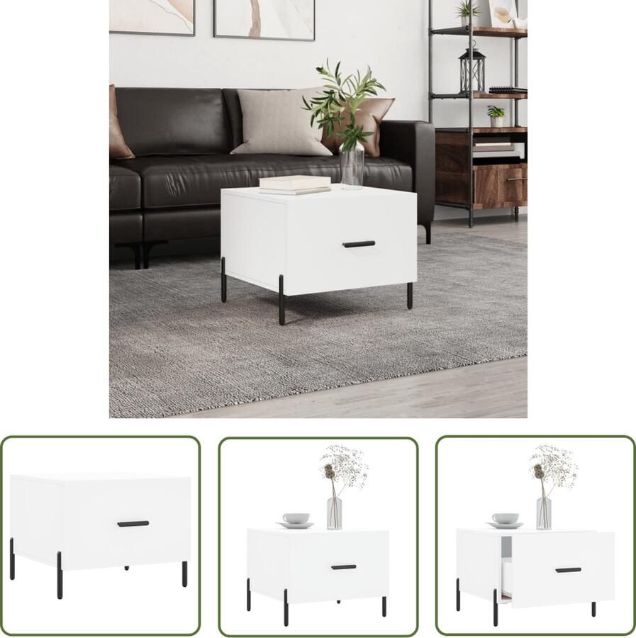 The Living Store Salontafel 50 x 50 x 40 cm Bewerkt hout en ijzer Wit Salontafel Bijzettafel Houten Salontafel Witte Salontafel Met Lade