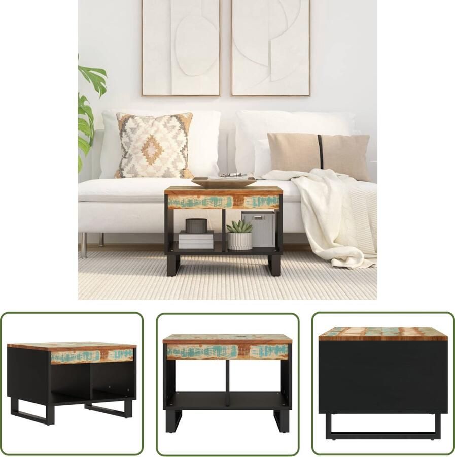The Living Store Salontafel Massief Gerecycled Hout 55x50x40 cm Bijzettafel Unieke kleuren Veel opbergruimte Stevig tafelblad IJzeren poten Montage vereist