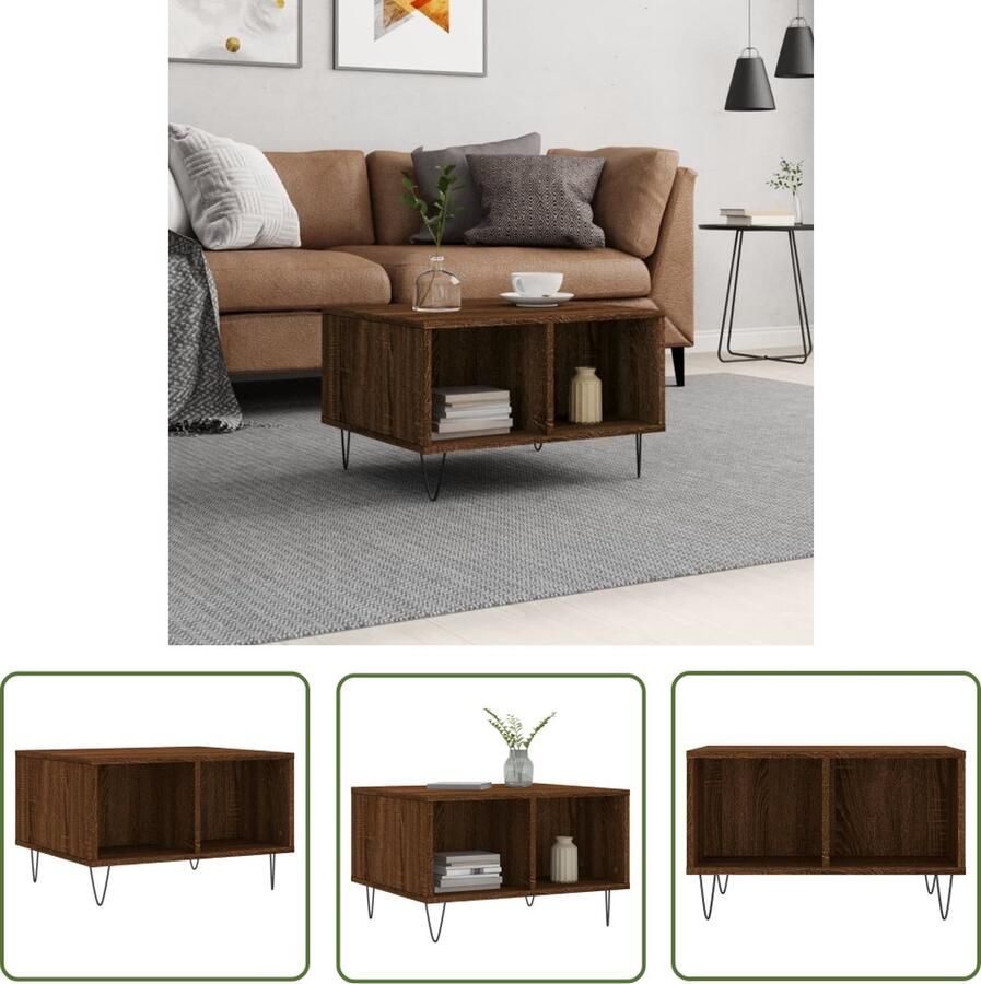 The Living Store Salontafel Bruineiken Bijzettafel met 4 Vakken Stevig Tafelblad Metalen Poten 60 x 50 x 36.5 cm Salontafel Bijzettafel Houten Salontafel Bruine Eiken Meubilair Woonkamerdecoratie